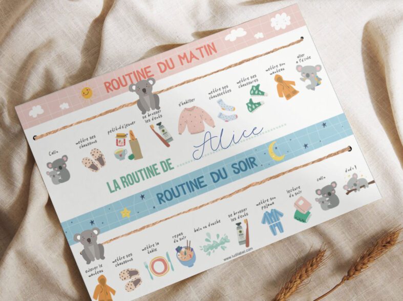 Une feuille A4 imprimée avec les routines du quotidien à faire avec les enfants sous la forme d'un jeu.