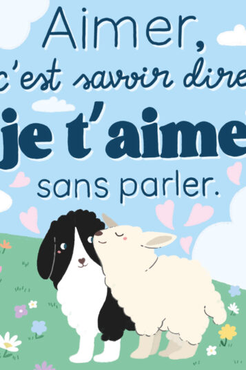 Aimer c'est savoir dire je t'aime sans parler - citation illustrée mouton chien prairie