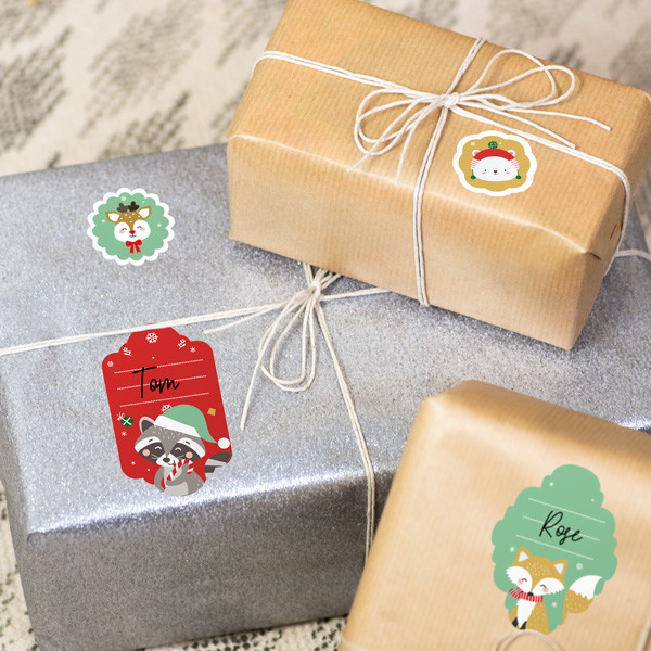 Étiquettes Cadeaux de Noël - Animaux Rouge Vert