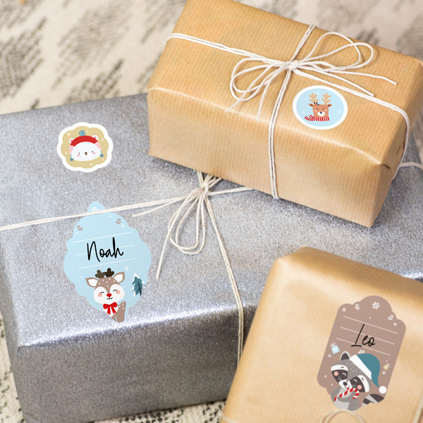 Étiquettes Cadeaux de Noël - Animaux Or Bleu