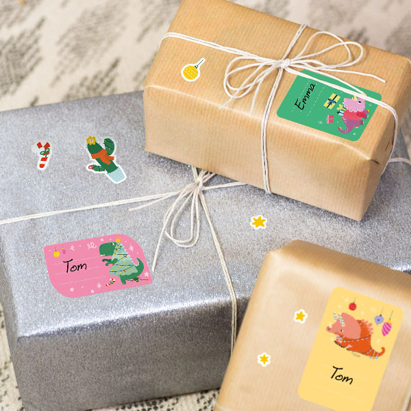 Étiquettes pour marquer les cadeaux de Noël - Noël Dinguo Dino Licorne